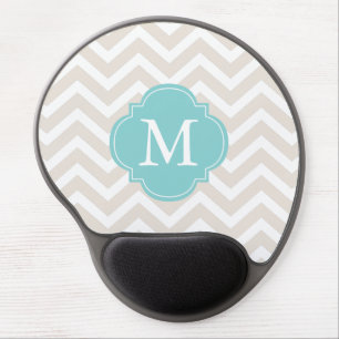 Linen Beige & Mint Zigzags Pattern Monogram Gel Mouse Pad