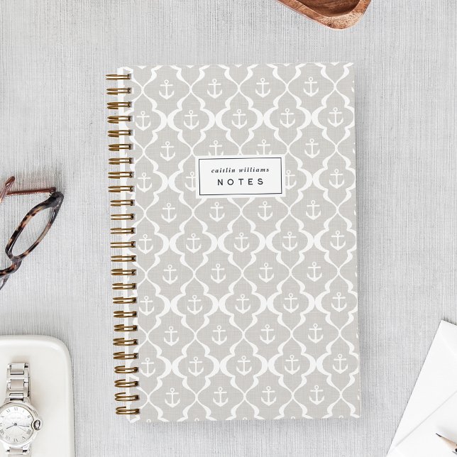 Linen Beige Nautical Anchor Ogee Personalized Notebook (Creator Uploaded)