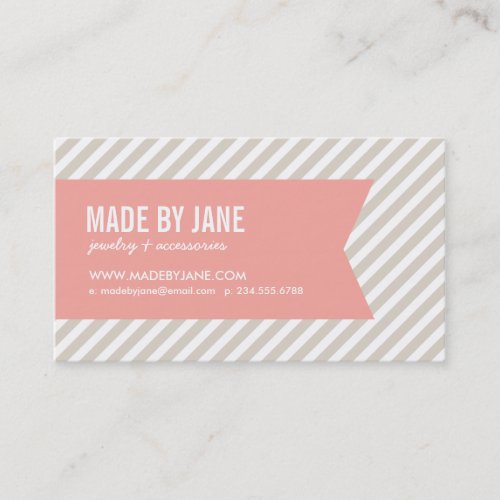 Linen Beige &amp; Pink Modern Stripes &amp; Ribbon Business Cards