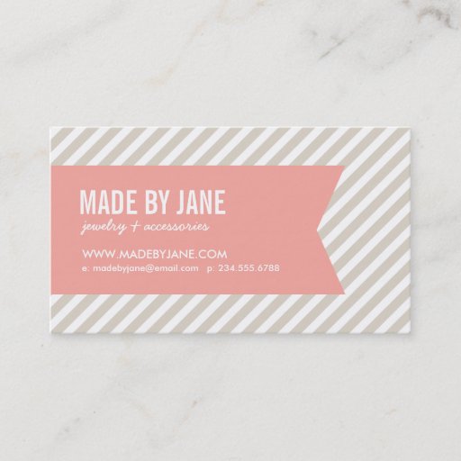 Customizable Linen Beige &amp; Pink Modern Stripes &amp; Ribbon Business Cards