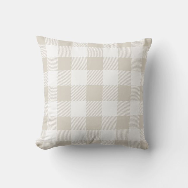 Linen Beige Preppy Buffalo Check Plaid Throw Pillow (Front)