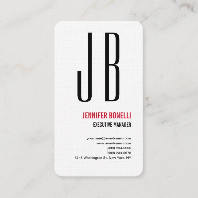 Linen Black Red White Monogram Minimalist Modern Business Card (Front)