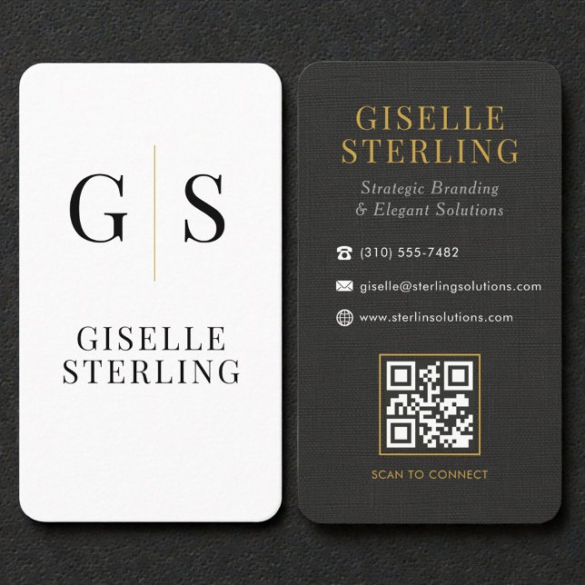 Linen Black White Gold Monogram QR Code Business Card (Creator Uploaded)