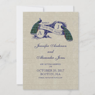 Linen Blue Peacock Save the Date Card