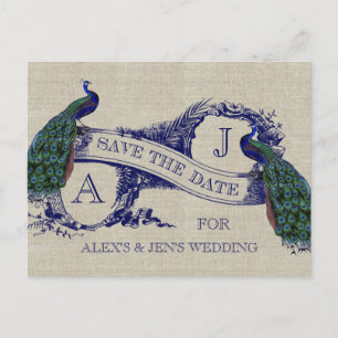 Linen Blue Peacock Save the Date Postcard