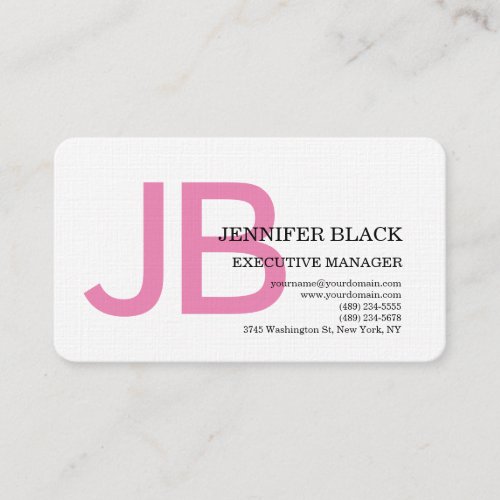 Linen Bold Monogram Pink White Modern Plain Business Card