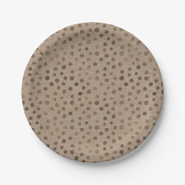Linen Brown Dots Chic Bride Tribe Rustic Modern Paper Plates (Front)