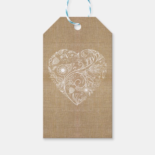 Linen burlap flower heart gift tags (Front)