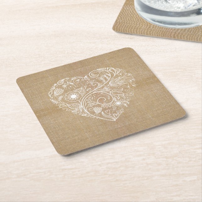 Linen burlap flower heart square paper coaster (Angled)