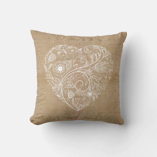 Linen burlap flower heart throw pillow (Front)