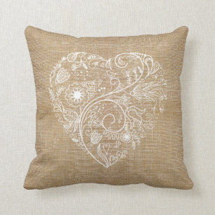 Linen burlap flower heart throw pillow