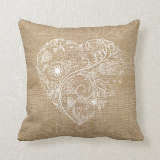 Linen burlap flower heart throw pillow