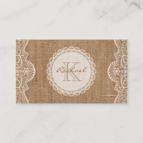 Linen Burlap White Lace Monogram Personal Contact Business Card