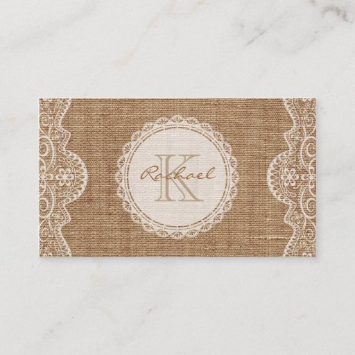 Customizable Linen Burlap White Lace Monogram Personal Contact Business Card