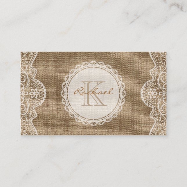 Linen Burlap White Lace Monogram Personal Contact Business Card (Front)