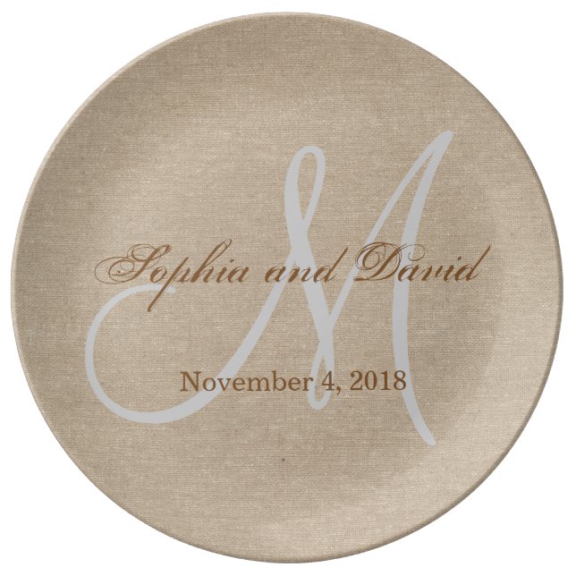 Linen Canvas Wedding Monogram Initial Dinner Plate (Front)