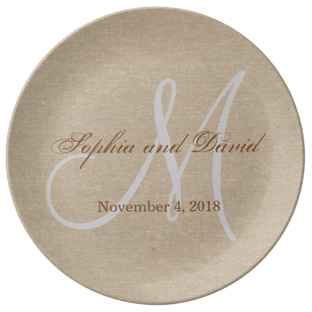 Linen Canvas Wedding Monogram Initial Dinner Plate Zazzle