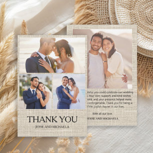 Linen Design Wedding 4 Photo Collage Thank You Card