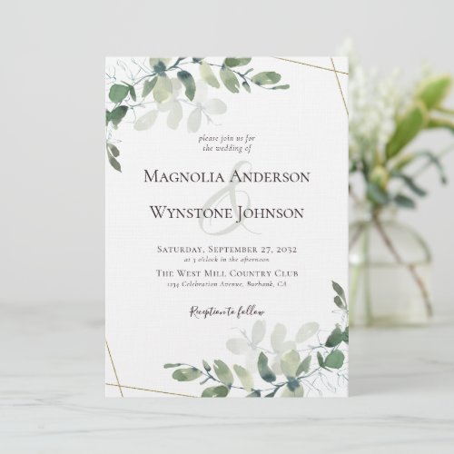 Linen Eucalyptus Greenery Gold Luxury Wedding Invitation