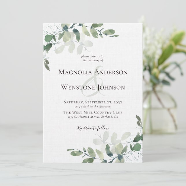 Linen Eucalyptus Greenery Luxury Wedding Invitation (Standing Front)