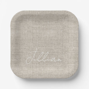 Linen Fabric NAME Chic Beige White Timeless Paper Plates