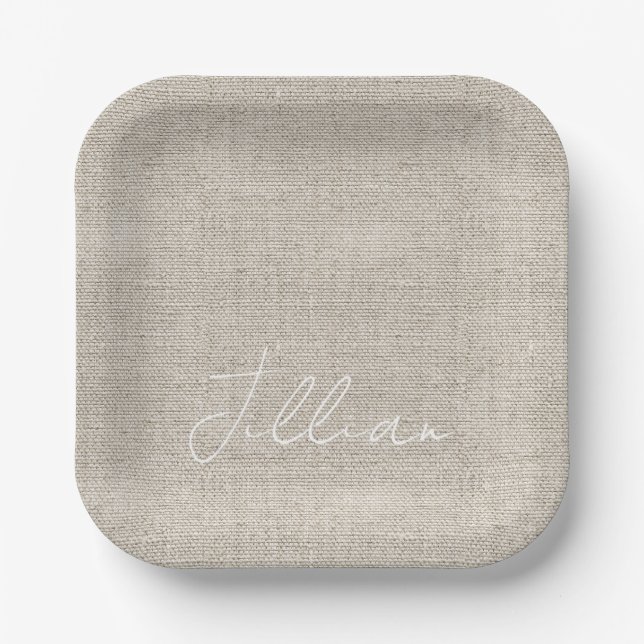 Linen Fabric NAME Chic Beige White Timeless Paper Plates (Front)