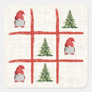 Linen Gnome Christmas Trees Tic Tac Toe Square Sticker