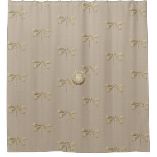 Linen Gold Dragonfly Monogram Pattern Shower Curtain