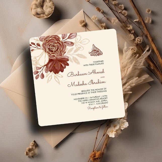  Linen gold glitter watercolor floral Islamic Wedd Invitation (Creator Uploaded)