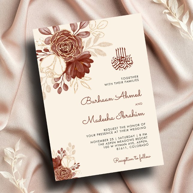  Linen gold glitter watercolor floral Islamic Wedd Invitation (Creator Uploaded)