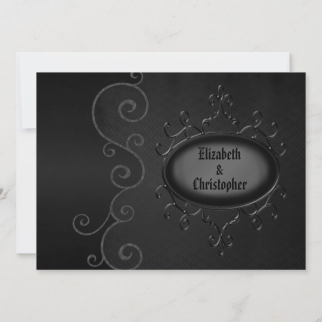 Linen Gothic Vintage Swirls Black Wedding Invites (Front)
