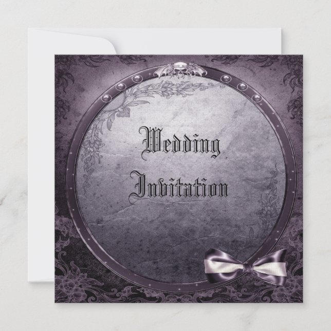 Linen Gothic Winged Skull Purple Wedding Invites (Front)