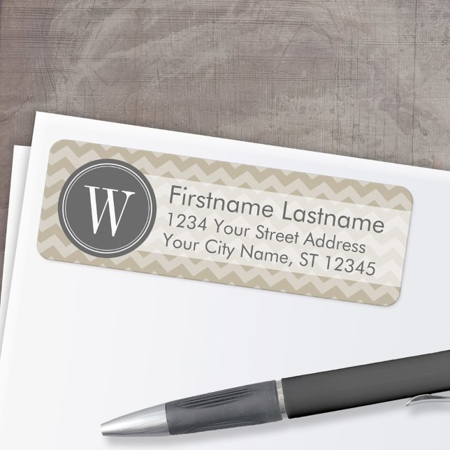 Linen & Gray Chevron Pattern with Monogram Label (Custom Return Address Labels - Low Minimum)