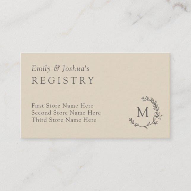 Linen & Gray Floral Wreath Monogram Registry Enclosure Card (Front)
