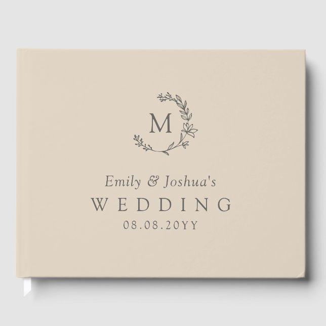  Linen & Gray Hand-Drawn Floral Wreath Wedding Guest Book (Front)