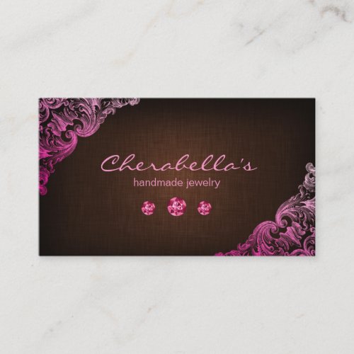 Linen Jewelry Business Card Chocolate Brown Pink