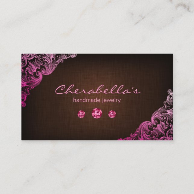 Linen Jewelry Business Card Chocolate Brown Pink (Front)