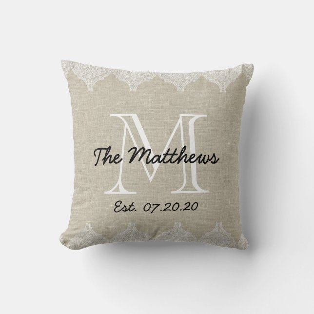 Linen Lace Look Custom Monogram Throw Pillow (Front)