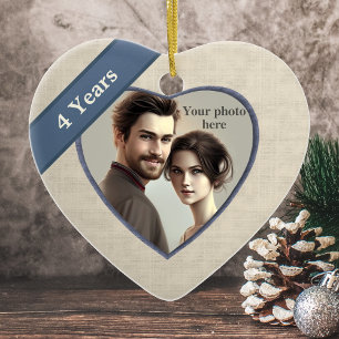 Linen Look 4th Anniversary (Blue): Add a Photo Ceramic Ornament