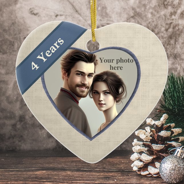 Linen Look 4th Anniversary (Blue): Add a Photo Ceramic Ornament (Creator Uploaded)