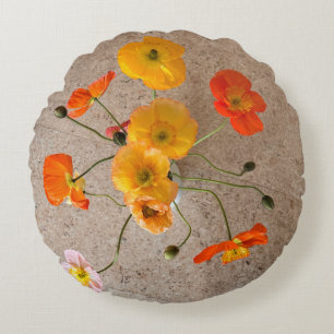 Linen look bright happy poppy round pillow