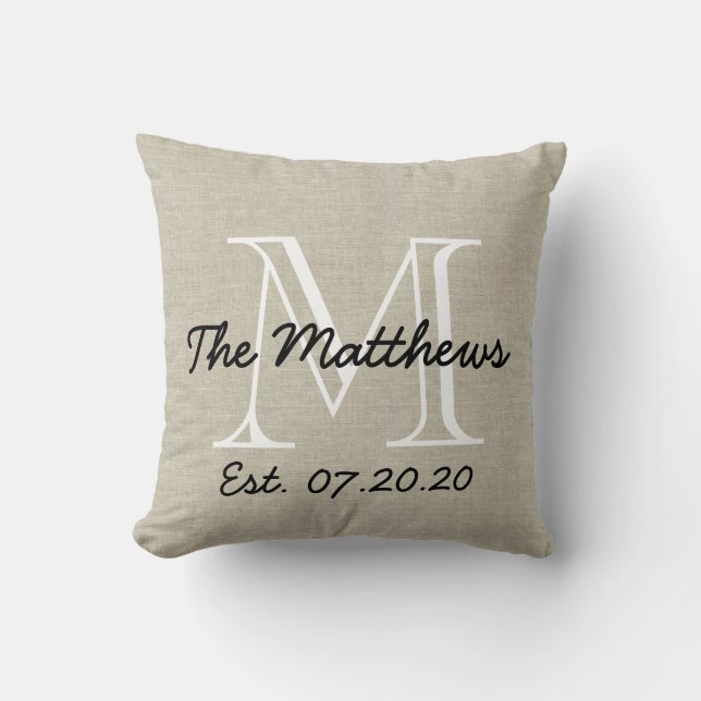 Linen Look Custom Family Monogram Throw Pillow (Front)