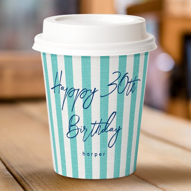 Linen Look Striped Celebration Birthday 30th Mint Paper Cups (Creator Uploaded)