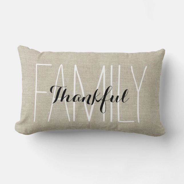 Linen Look Thankful Family Personalized Keepsake Lumbar Pillow (Front)