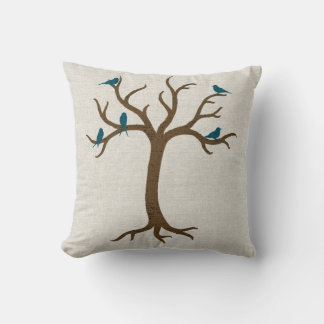 Linen Look Tree with Blue Birds Pillow