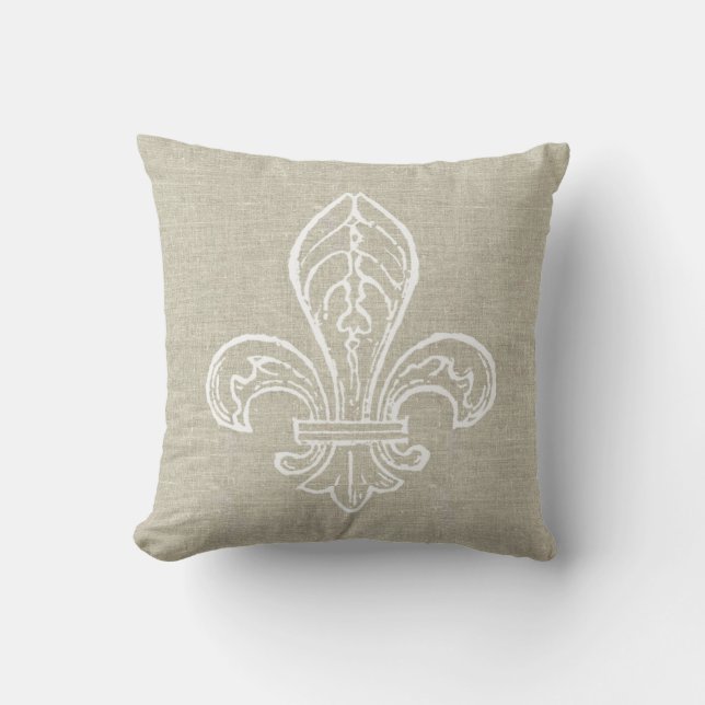 Linen Look with White Fleur de Lis Pillow (Front)