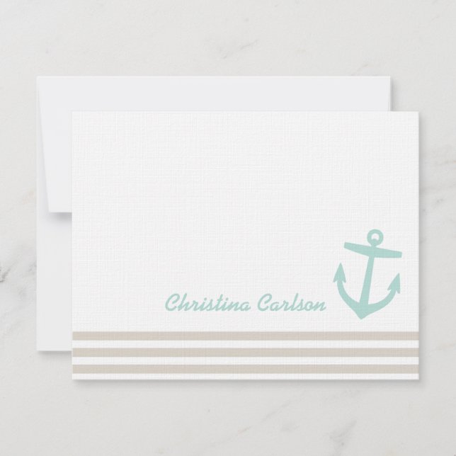Linen & Mint Nautical Stripes & Anchor Stationery Note Card (Front)