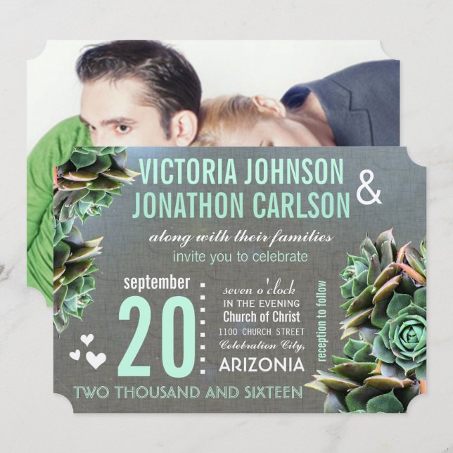 Linen Mint Succulent Your Photo Wedding Invitation (Front/Back)
