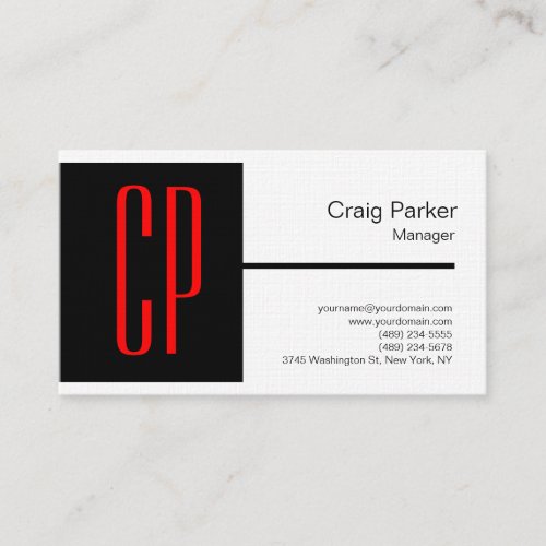 Linen Modern Black White Red Monogram Professional Business Card