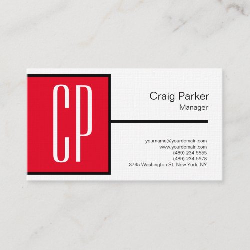 Linen Modern Black White Red Monogram Professional Business Card